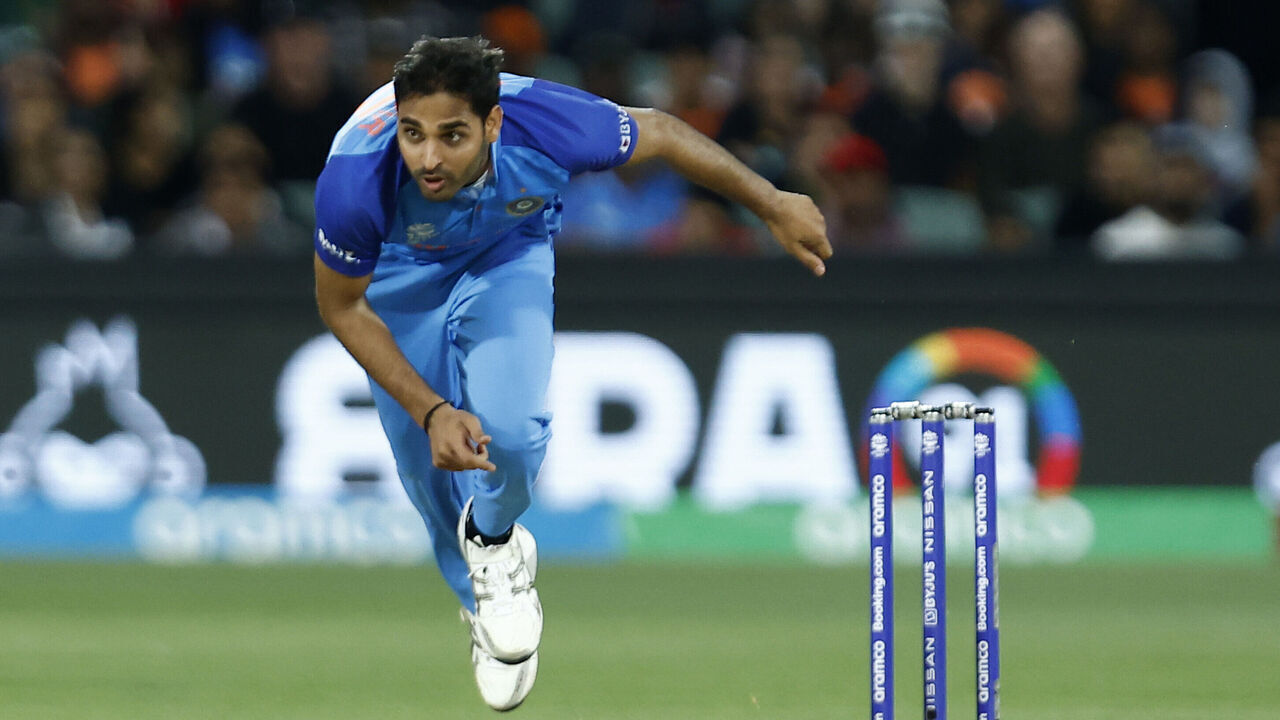 ADELAIDE, AUSTRALIA - NOVEMBER 10: Bhuvneshwar Kumar of India bowls during the ICC Men's T20 World Cup Semi Final match between India and England at Adelaide Oval on November 10, 2022 in Adelaide, Australia.