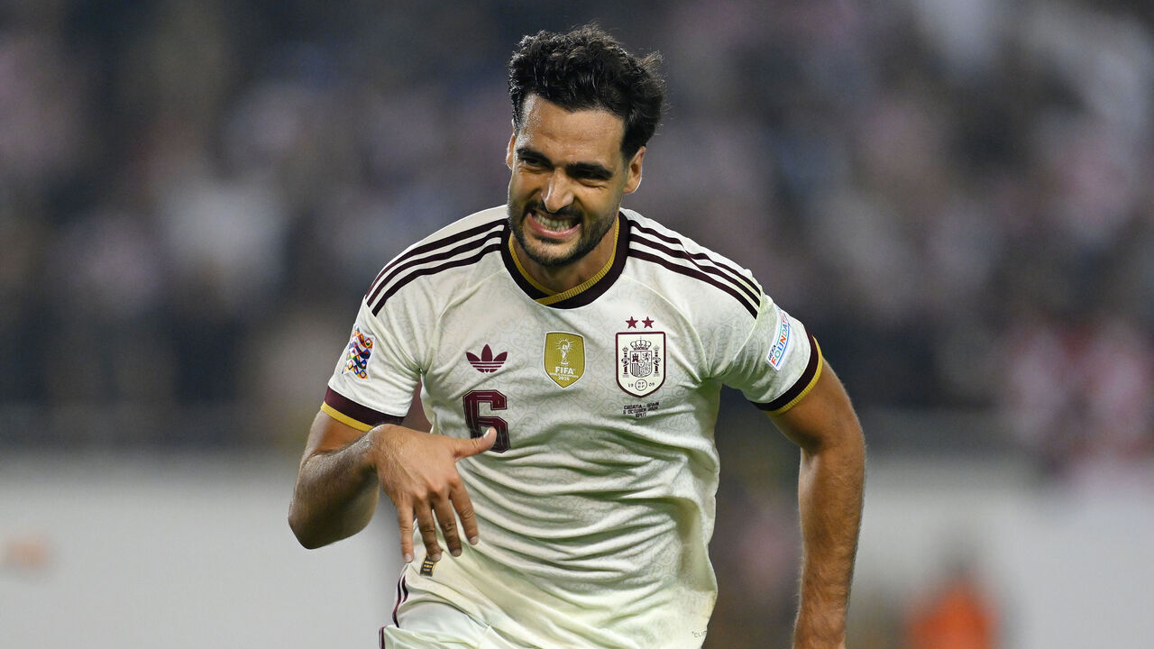 SPLIT, CROATIA - OCTOBER 06: Mikel Merino of Spain celebrates scoring his team’s second goal during the UEFA Nations League 2026/27 group phase match between Croatia and Spain at Stadion Poljud on October 06, 2026 in Split, Croatia.