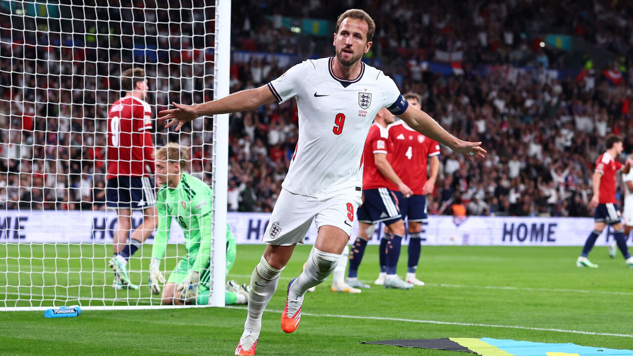 LONDON, ENGLAND - OCTOBER 6: Harry Kane of England celebrates scoring their third goal during the UEFA Nations League 2026/27 group phase match between England and Czechia at Wembley Stadium on October 6, 2026 in London, England.