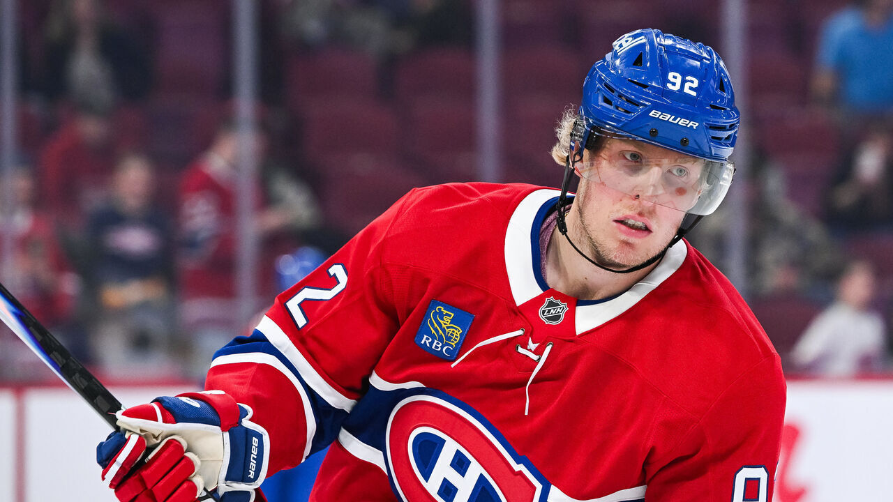 MONTREAL, QC - SEPTEMBER 22: Look on Montreal Canadiens right wing Patrik Laine (92) during warm-up before the Pittsburgh Penguins versus the Montreal Canadiens preseason game on September 22, 2025, at Bell Centre in Montreal, QC