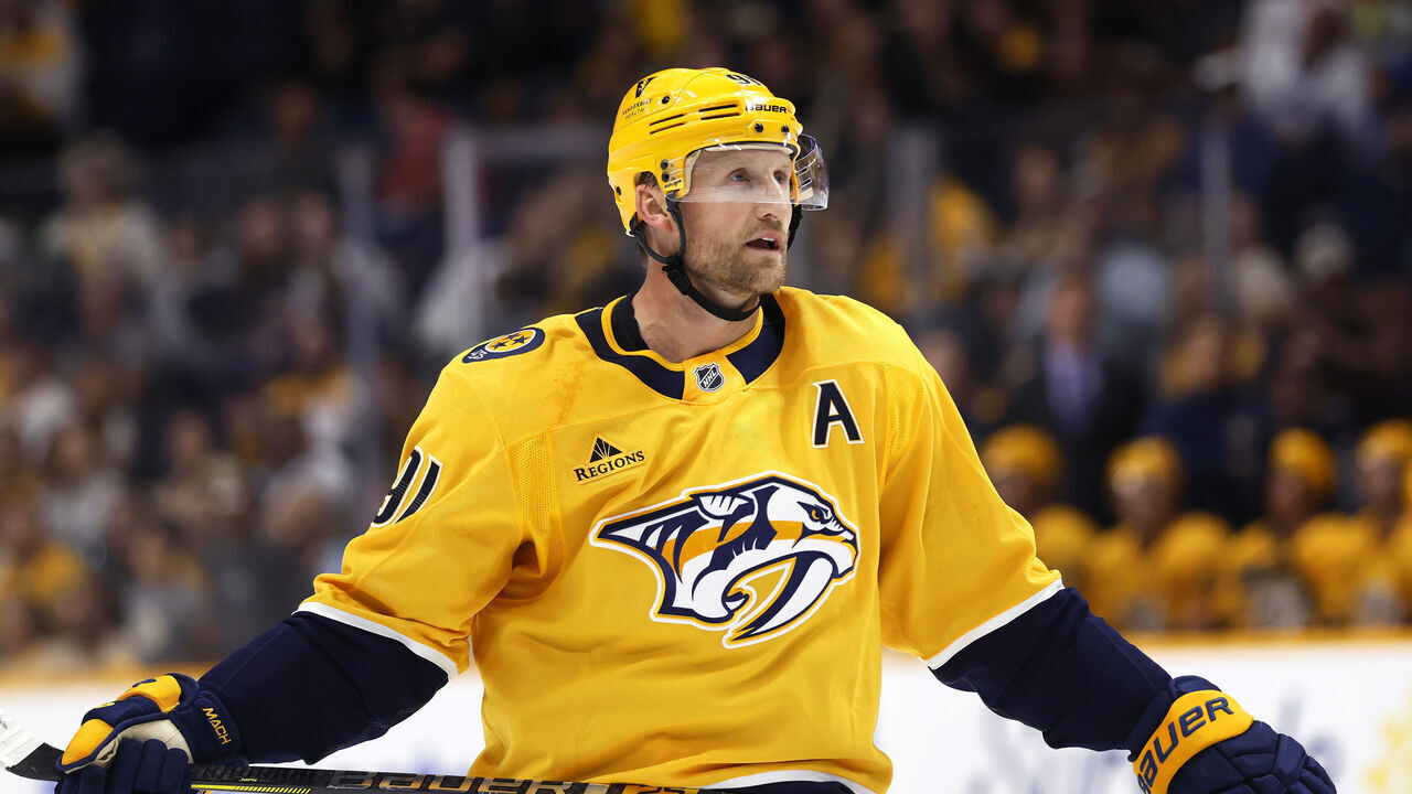 NASHVILLE, TENNESSEE - SEPTEMBER 22: Steven Stamkos #91 of the Nashville Predators looks on during the first period of the preseason game against the Tampa Bay Lightning at Bridgestone Arena on September 22, 2026 in Nashville, Tennessee.