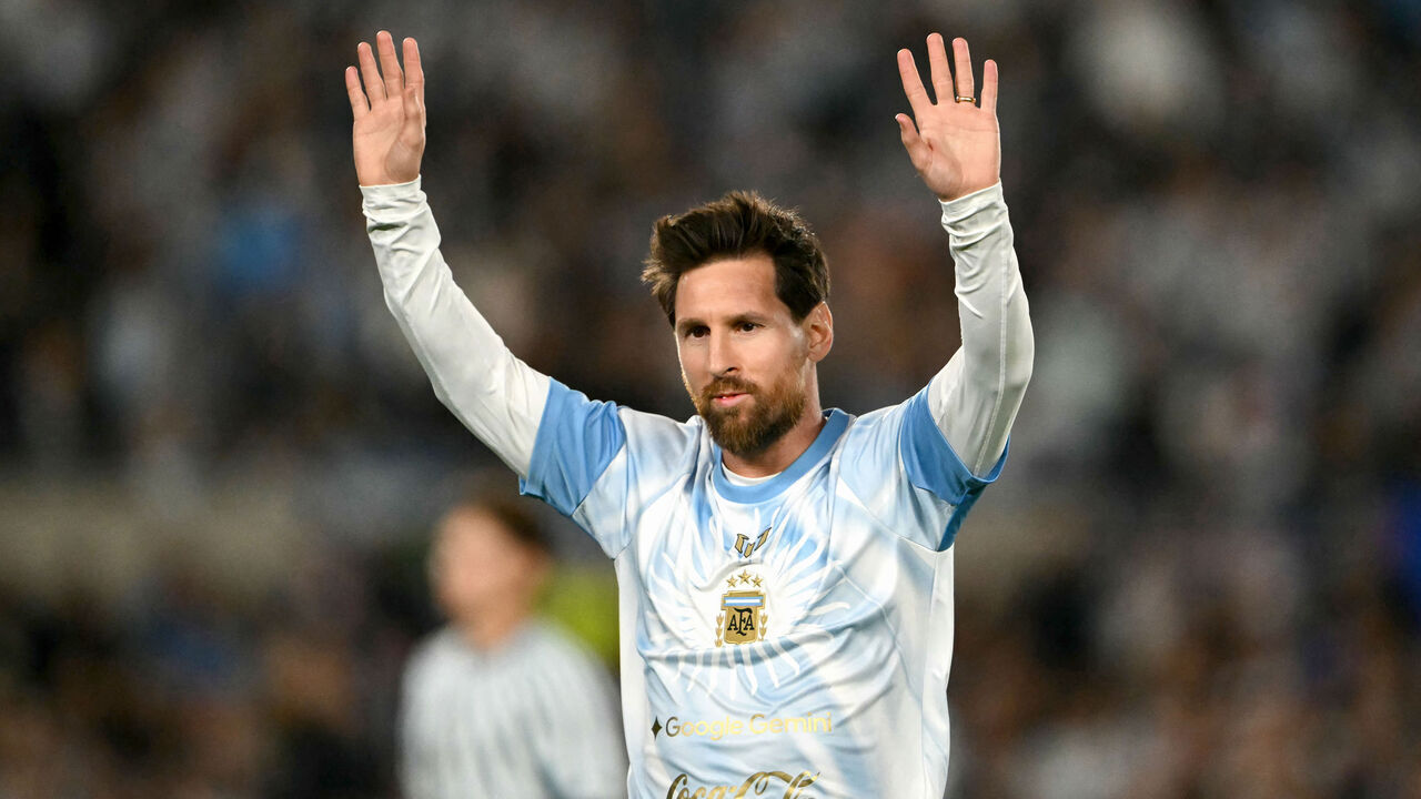 Argentina's forward #10 Lionel Messi waves to fans as he warms up ahead of the international friendly football match between Argentina and Benin at the Mas Monumental stadium in Buenos Aires on October 6, 2026.