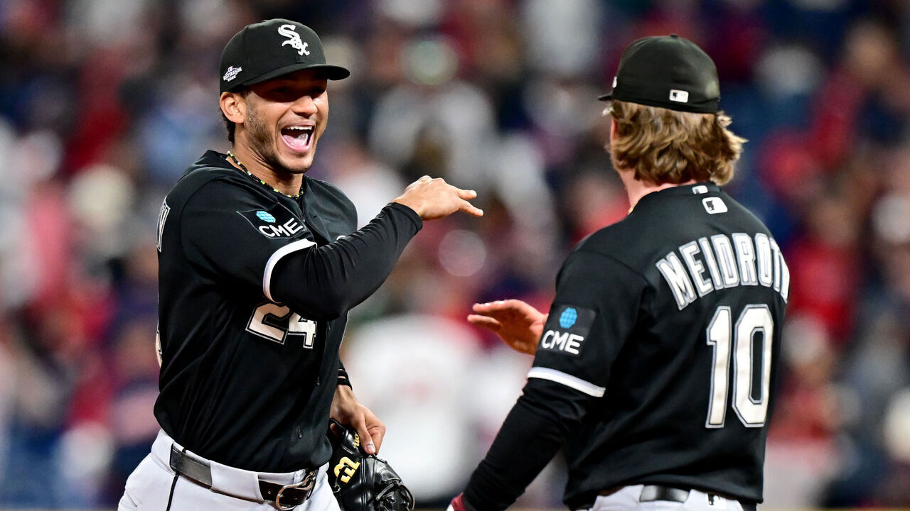 CLEVELAND, OHIO - OCTOBER 05: Braden Montgomery #24 celebrates with Chase Meidroth #10 after defeating the Cleveland Guardians in game two of the American League Division Series at Progressive Field on October 05, 2026 in Cleveland, Ohio.