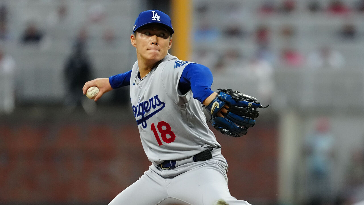 ATLANTA, GA - OCTOBER 06: Yoshinobu Yamamoto #18 of the Los Angeles Dodgers pitches during Game Three of the National League Division Series presented by Booking.com between the Los Angeles Dodgers and the Atlanta Braves at Truist Park on Tuesday, October 6, 2026 in Atlanta, Georgia.