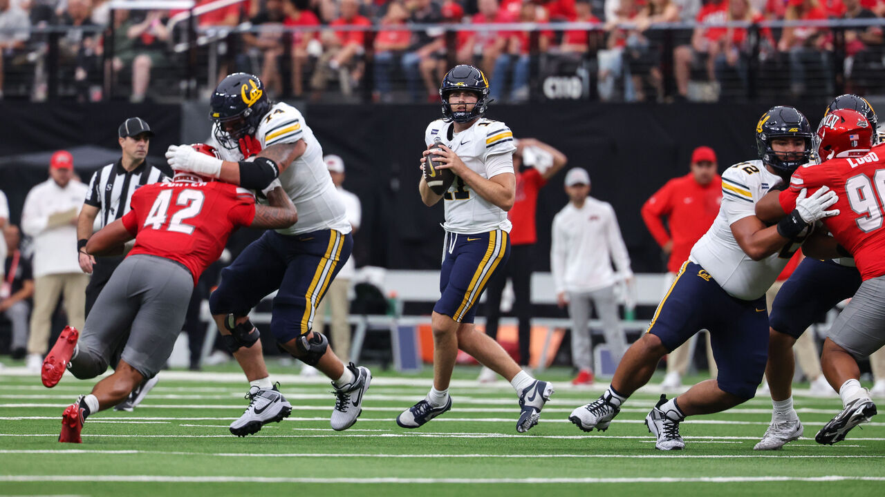 LAS VEGAS, NV - OCTOBER 3: Jackson Brousseau #11 of the California Golden Bears drops back to pass during the second half a game between the California Golden Bears and the UNLV Rebels at Allegiant Stadium on October 3, 2026 in Las Vegas, Nevada.