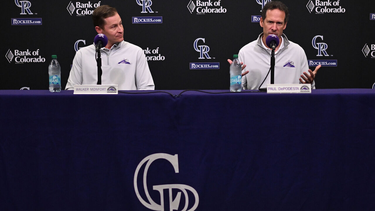 DENVER, CO - OCTOBER 06: The Colorado Rockies host an end-of-season press conference with club President Walker Monfort, left, and President of Baseball Operations Paul DePodesta at Coors Field on Tuesday, October 06, 2026, in Denver, Colorado.