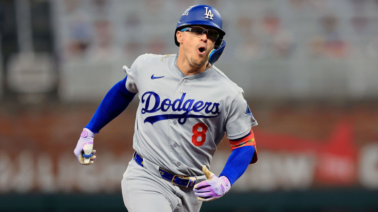 ATLANTA, GA - OCTOBER 06:Enrique Hernandez (8) of the Los Angeles Dodgers reacts after hitting a 2-run home run during the NLDS game 3 between the Los Angeles Dodgers and the Atlanta Braves on October 6, 2026 at Truist Park in Atlanta, Georgia.
