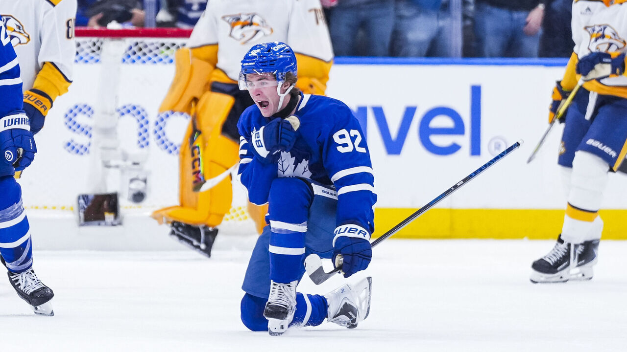 TORONTO, CANADA - OCTOBER 6: Gavin McKenna #92 of the Toronto Maple Leafs celebrates against the Nashville Predators during the second period in their NHL game at Scotiabank Arena on October 6, 2026 in Toronto, Canada.