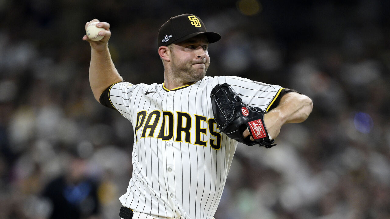 SAN DIEGO, CALIFORNIA - OCTOBER 06: Michael King #34 of the San Diego Padres pitches in the eighth inning against the Milwaukee Brewers in game three of the National League Division Series at Petco Park on October 06, 2026 in San Diego, California.