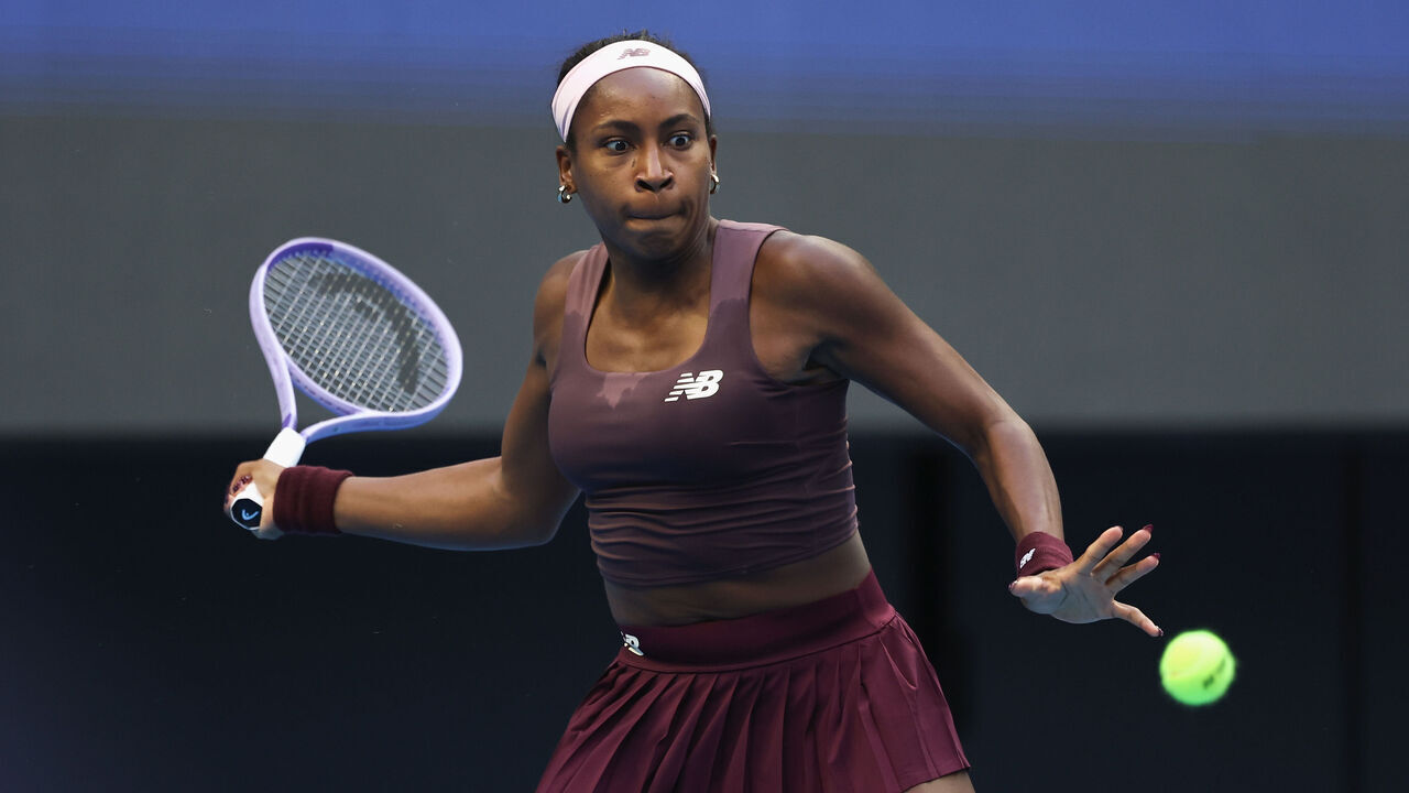 BEIJING, CHINA - OCTOBER 07: Coco Gauff of the United States returns a shot against Elise Mertens of Belgium in the Women's Singles fourth round match on day eight of China Open at the National Tennis Center on October 07, 2026 in Beijing, China.