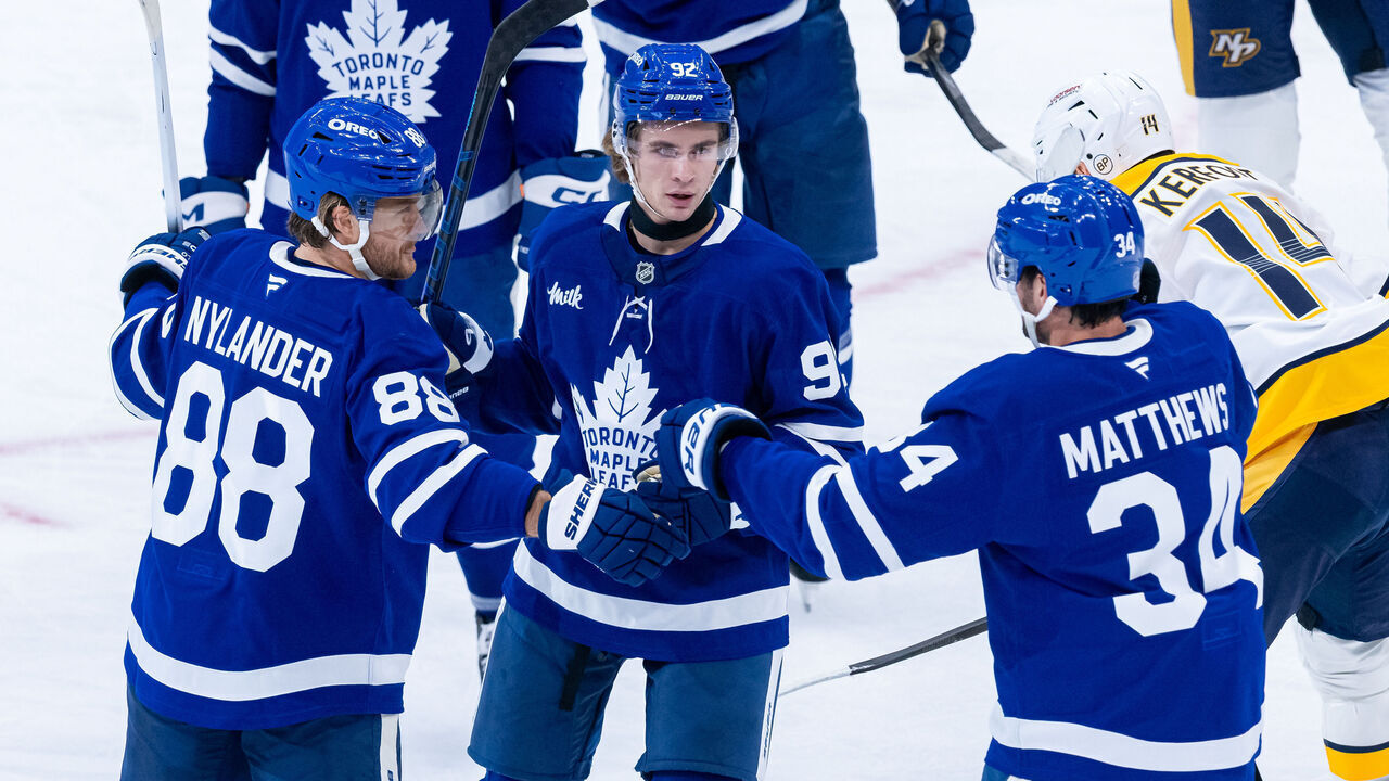 TORONTO, ON - OCTOBER 06: Toronto Maple Leafs Right Winger William Nylander (88) celebrates his goal with Left Winger Gavin McKenna (92) and Center Auston Matthews (34) during the second period of the NHL regular season game between the Nashville Predators and the Toronto Maple Leafs on October 6, 2026, at Scotiabank Arena in Toronto, ON, Canada.