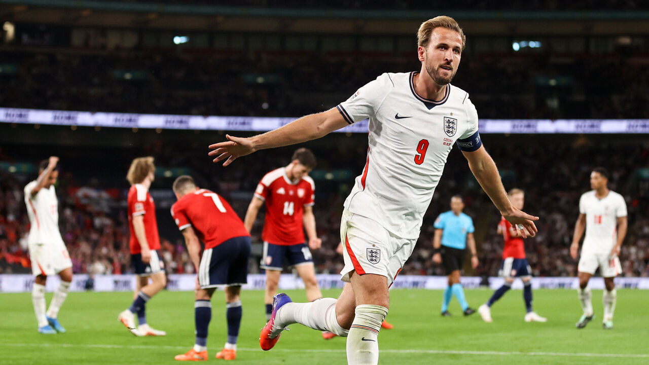 LONDON, ENGLAND - OCTOBER 6: Harry Kane of England celebrates their third goal during the UEFA Nations League 2026/27 group phase match between England and Czechia at Wembley Stadium on October 6, 2026 in London, England.