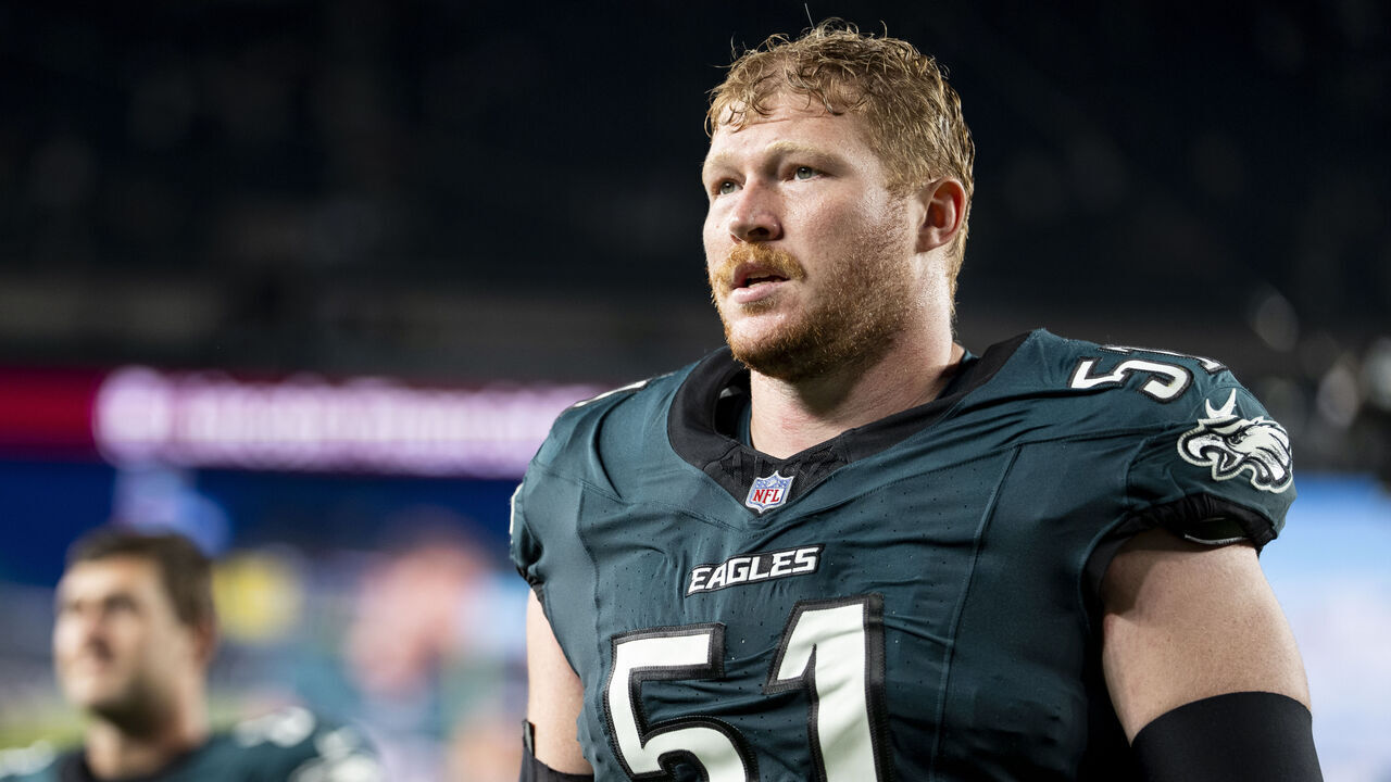 PHILADELPHIA, PENNSYLVANIA - SEPTEMBER 13: Cam Jurgens #51 of the Philadelphia Eagles looks on as he walks off the field against the Washington Commanders following an NFL football game at Lincoln Financial Field on September 13, 2026 in Philadelphia, Pennsylvania.