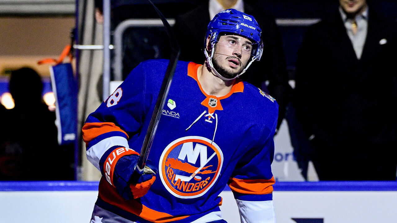 ELMONT, NEW YORK - OCTOBER 03: Alexander Romanov #28 of the New York Islanders is introduced prior to the game against the New Jersey Devils at UBS Arena on October 03, 2026 in Elmont, New York.