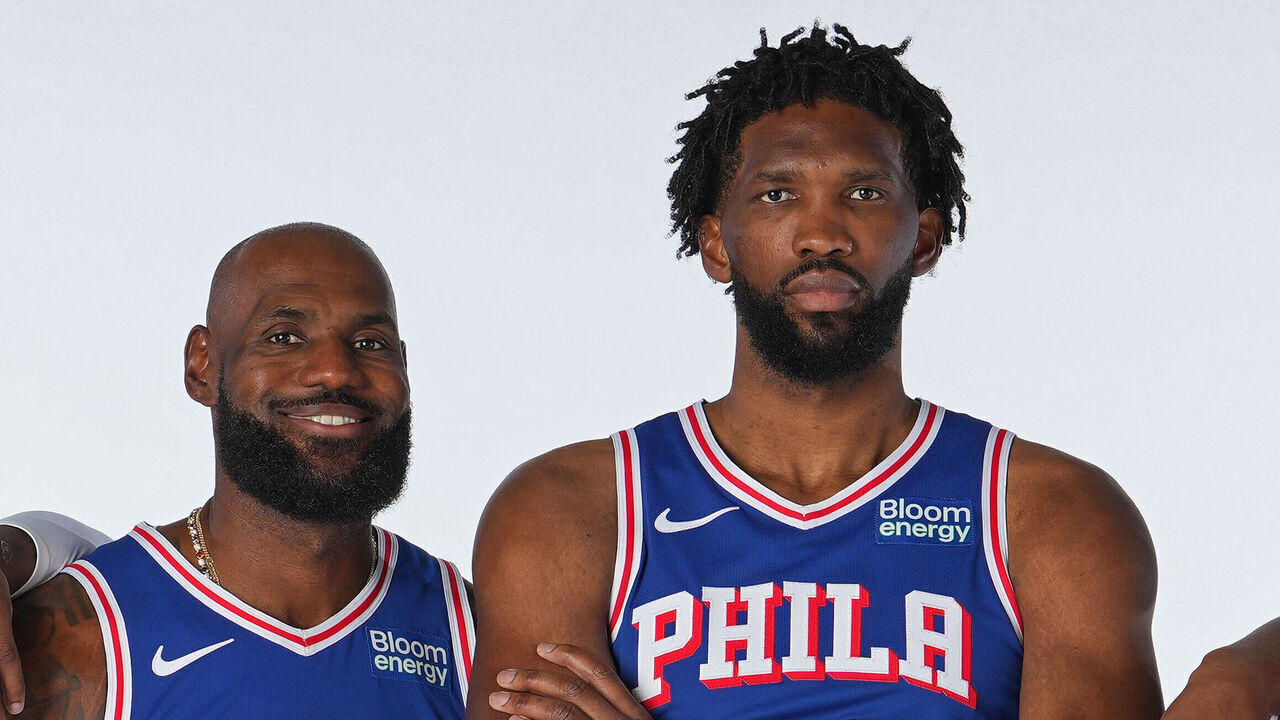 CAMDEN, NJ - SEPTEMBER 28: Jaylen Brown #7, Joel Embiid #21, LeBron James #23, Tyrese Maxey #0, and VJ Edgecombe #77 of the Philadelphia 76ers pose for a portrait on NBA media day on September 28, 2026 at the Philadelphia 76ers Training Complex in Camden, New Jersey. NOTE TO USER: User expressly acknowledges and agrees that, by downloading and/or using this Photograph, user is consenting to the terms and conditions of the Getty Images License Agreement. Mandatory Copyright Notice: Copyright 2026 NBAE