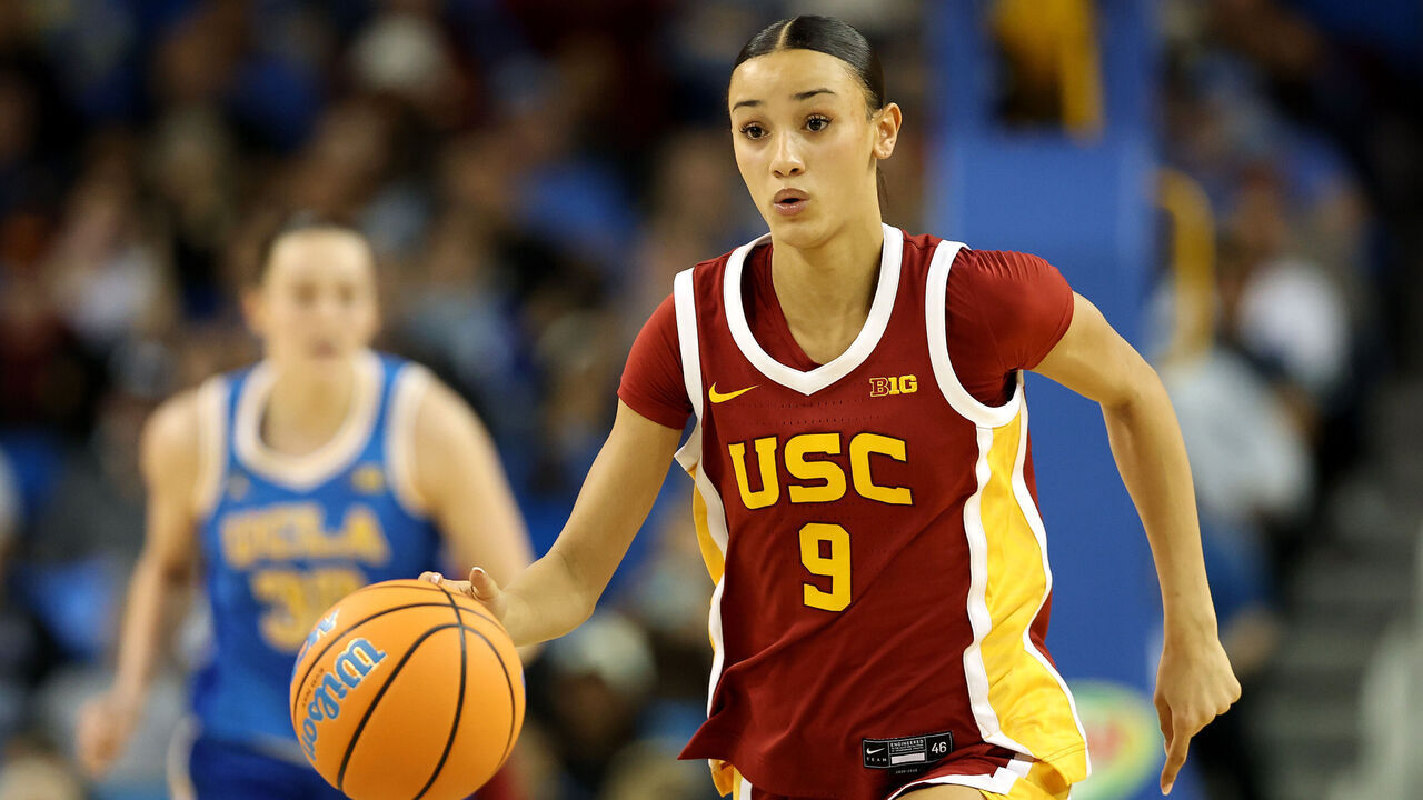 LOS ANGELES, CALIFORNIA - JANUARY 03: Jazzy Davidson #9 of the USC Trojans dribbles the ball against the UCLA Bruins during the fourth quarter at UCLA Pauley Pavilion on January 03, 2026 in Los Angeles, California.