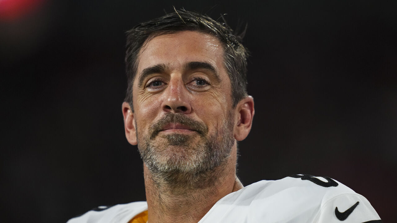 CLEVELAND, OH - OCTOBER 01: Aaron Rodgers #8 of the Pittsburgh Steelers looks on from the sideline during the national anthem prior to an NFL football game against the Cleveland Browns at Huntington Bank Field on October 1, 2026 in Cleveland, Ohio.