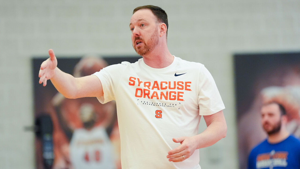 SYRACUSE, NEW YORK - JUNE 3: Syracuse Orange head coach Gerry McNamara during a basketball practice at the Carmelo K. Anthony Basketball Center on June 3, 2026 in Syracuse, New York.