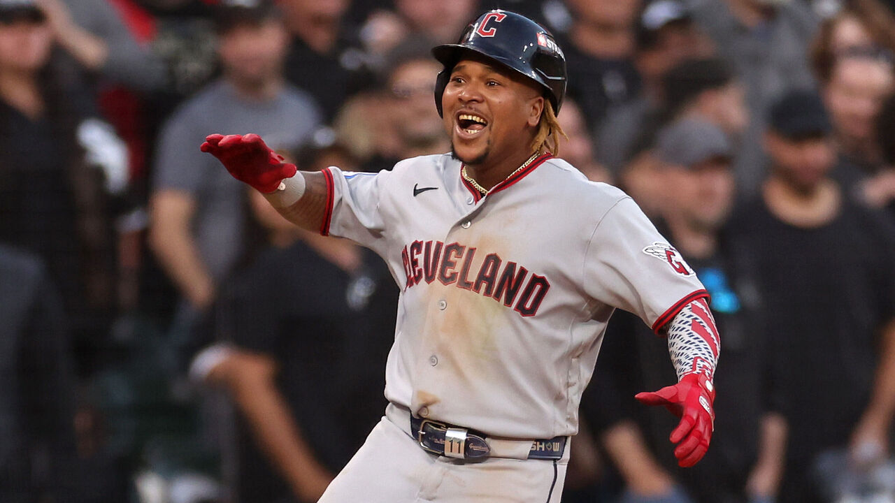 CHICAGO, ILLINOIS - OCTOBER 07: Jose Ramirez #11 of the Cleveland Guardians celebrates after hitting an RBI triple against the Chicago White Sox during the eighth inning in game three of the American League Division Series at Rate Field on October 07, 2026 in Chicago, Illinois.