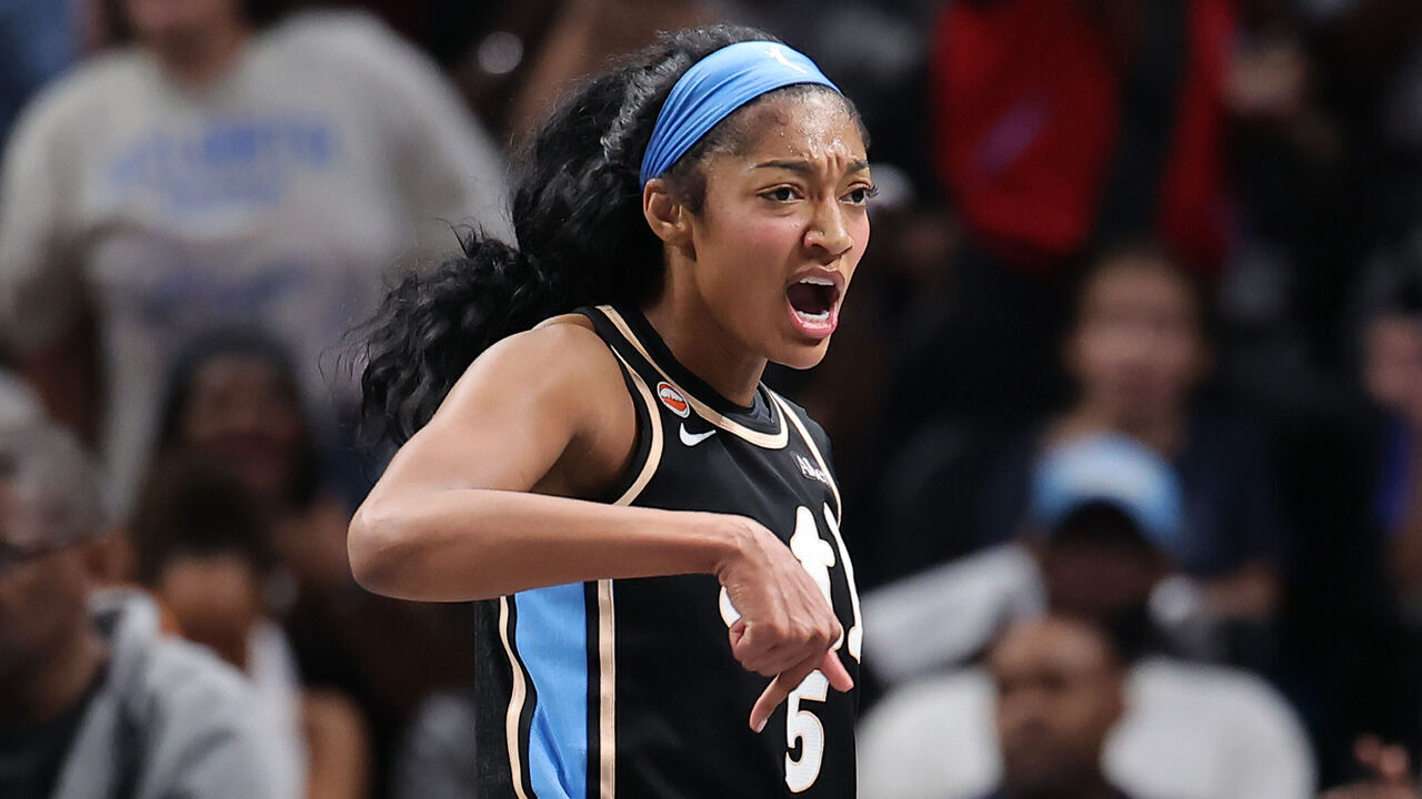 ATLANTA, GEORGIA - OCTOBER 07: Angel Reese #5 of the Atlanta Dream reacts during the first half of game two of the semifinals of the WNBA playoffs against the New York Liberty at State Farm Arena on October 07, 2026 in Atlanta, Georgia.