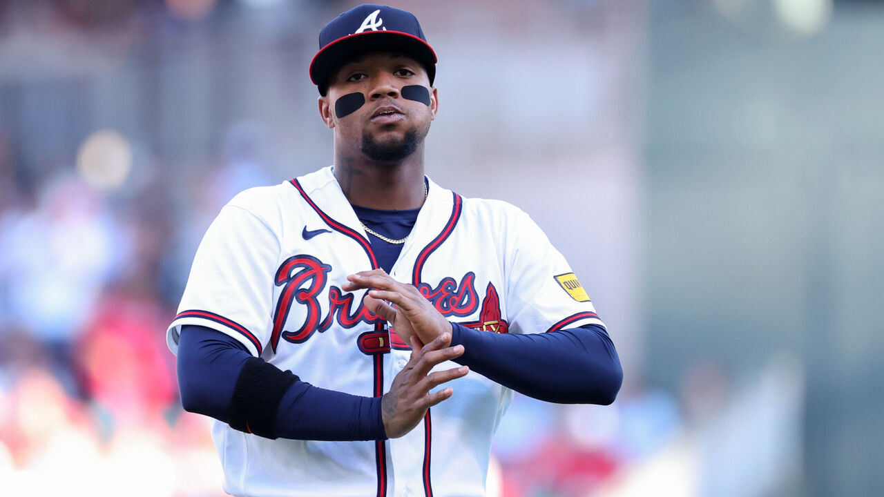 ATLANTA, GEORGIA - OCTOBER 07: Ronald Acuna Jr. #13 of the Atlanta Braves warms up before the game against the Los Angeles Dodgers in game four of the National League Division Series at Truist Park on October 07, 2026 in Atlanta, Georgia.