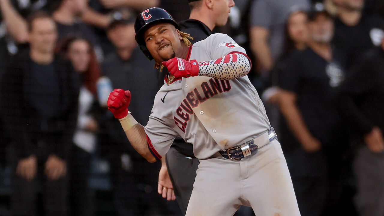 CHICAGO, ILLINOIS - OCTOBER 07: Jose Ramirez #11 of the Cleveland Guardians celebrates after hitting an RBI triple against the Chicago White Sox during the eighth inning in game three of the American League Division Series at Rate Field on October 07, 2026 in Chicago, Illinois.