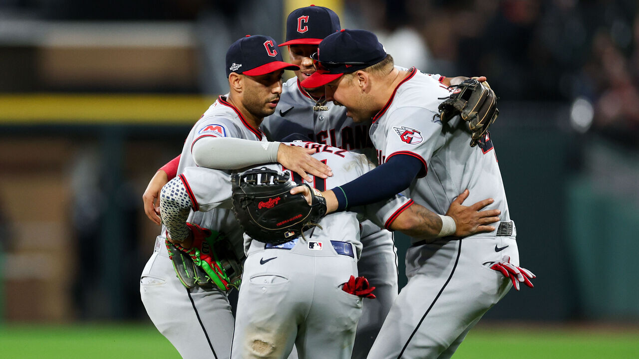 CHICAGO, IL - OCTOBER 07: Members of the Cleveland Guardians celebrate after the Guardians defeated the Chicago White Sox in Game Three of the American League Division Series presented by Booking.com at Rate Field on Wednesday, October 7, 2026 in Chicago, Illinois.