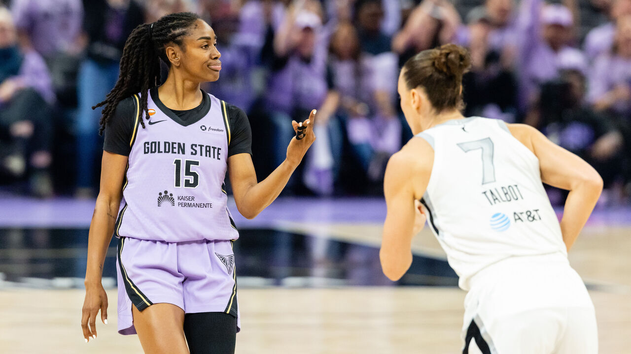 SAN FRANCISCO, CA - OCTOBER 07: Laeticia Amihere #3 of the Golden State Valkyries celebrates a three in front of Stephanie Talbot #7 of the Las Vegas Aces in the second quarter of Game Two of the WNBA Playoff Semifinals on October 7, 2026 at Chase Center in San Francisco, CA.