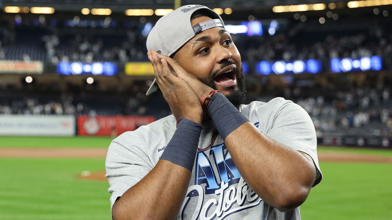 NEW YORK, NEW YORK - OCTOBER 07: Junior Caminero #13 of the Tampa Bay Rays celebrates after defeating the New York Yankees in game three of the American League Division Series at Yankee Stadium on October 07, 2026 in the Bronx borough of New York City.