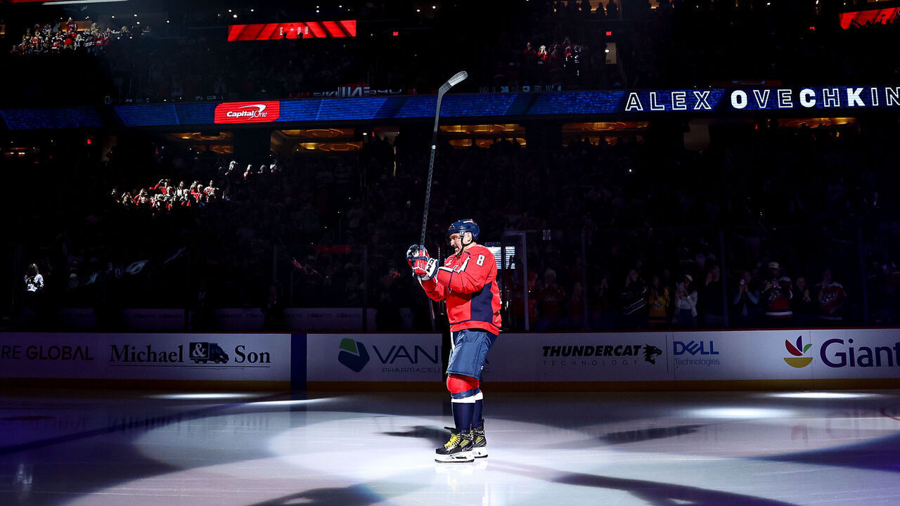 WASHINGTON, DC - OCTOBER 7: Alex Ovechkin #8 of the Washington Capitals is introduced prior to a game against the Pittsburgh Penguins at Capital One Arena on September 25, 2026 in Washington, D.C.
