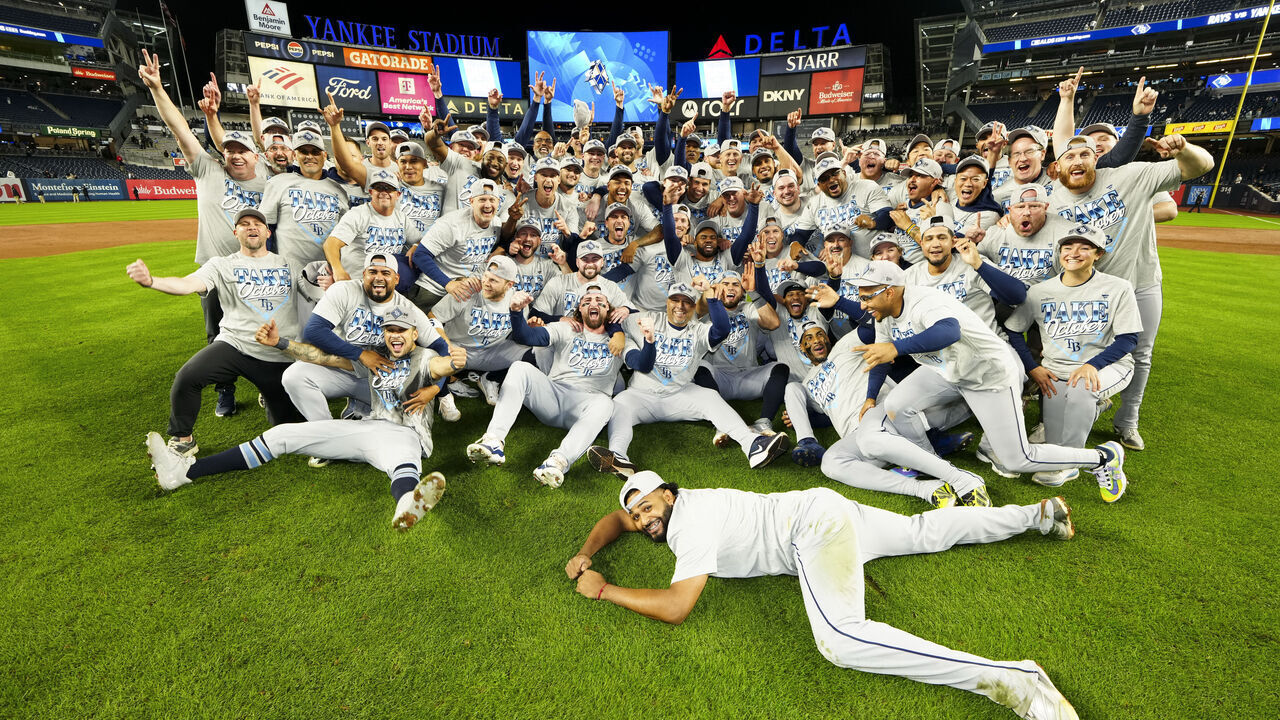 NEW YORK, NY - OCTOBER 07: The Tampa Bay Rays pose for a group photo after defeating the New York Yankees in Game Three of the American League Division Series presented by Booking.com at Yankee Stadium on Wednesday, October 7, 2026 in New York, New York.