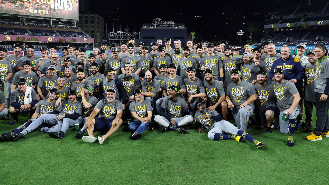 SAN DIEGO, CALIFORNIA - OCTOBER 07: The Milwaukee Brewers pose for a photo after their 3-1 win against the San Diego Padres in game four of the National League Division Series at Petco Park on October 07, 2026 in San Diego, California.