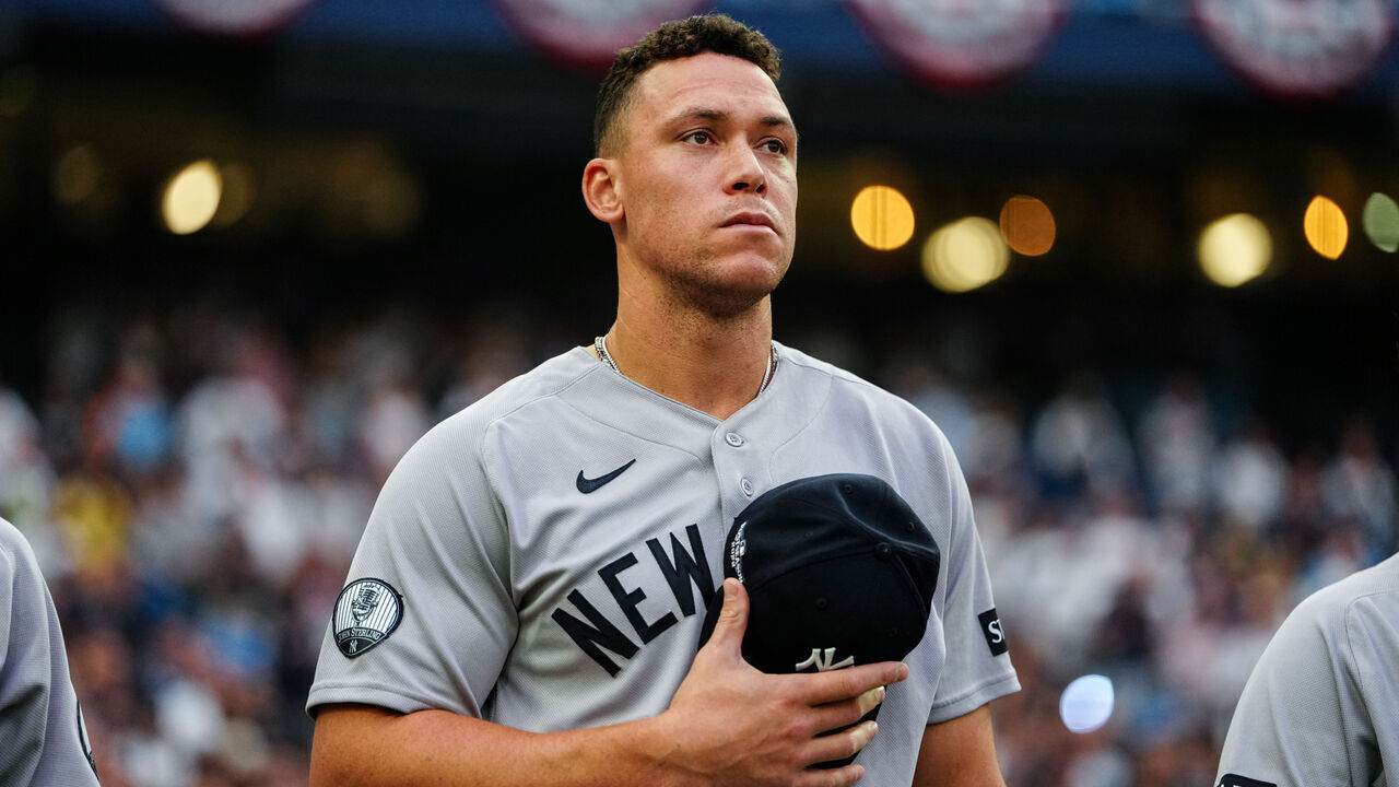 ST. PETERSBURG, FL - OCTOBER 03: Aaron Judge #99 of the New York Yankees looks on prior to Game One of the American League Division Series presented by Booking.com between the New York Yankees and the Tampa Bay Rays at Tropicana Field on Saturday, October 3, 2026 in St. Petersburg, Florida.