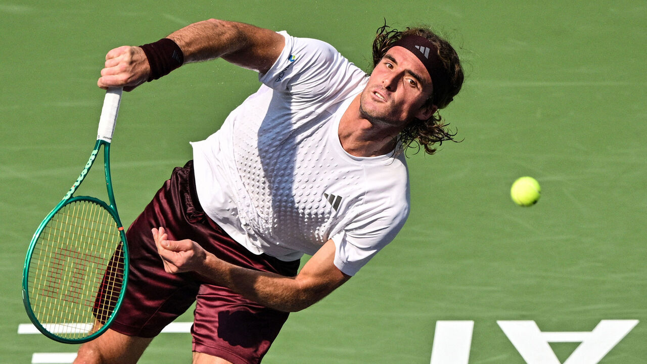 Greece's Stefanos Tsitsipas serves to Belgium's Kimmer Coppejans during their men's singles match at the Shanghai Masters tennis tournament in Shanghai on October 8, 2026.