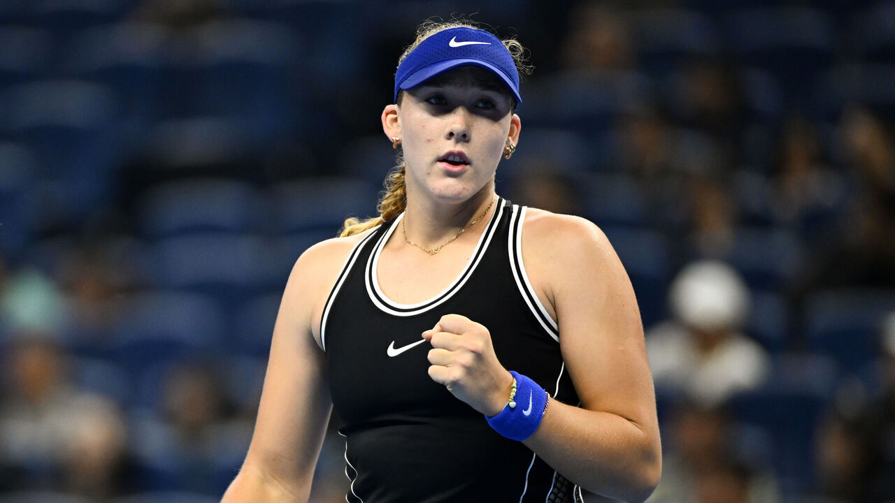 BEIJING, CHINA - OCTOBER 08: Mirra Andreeva reacts during the Women's Singles quarterfinals match against Ekaterina Alexandrova on day nine of China Open at the National Tennis Center on October 08, 2026 in Beijing, China.