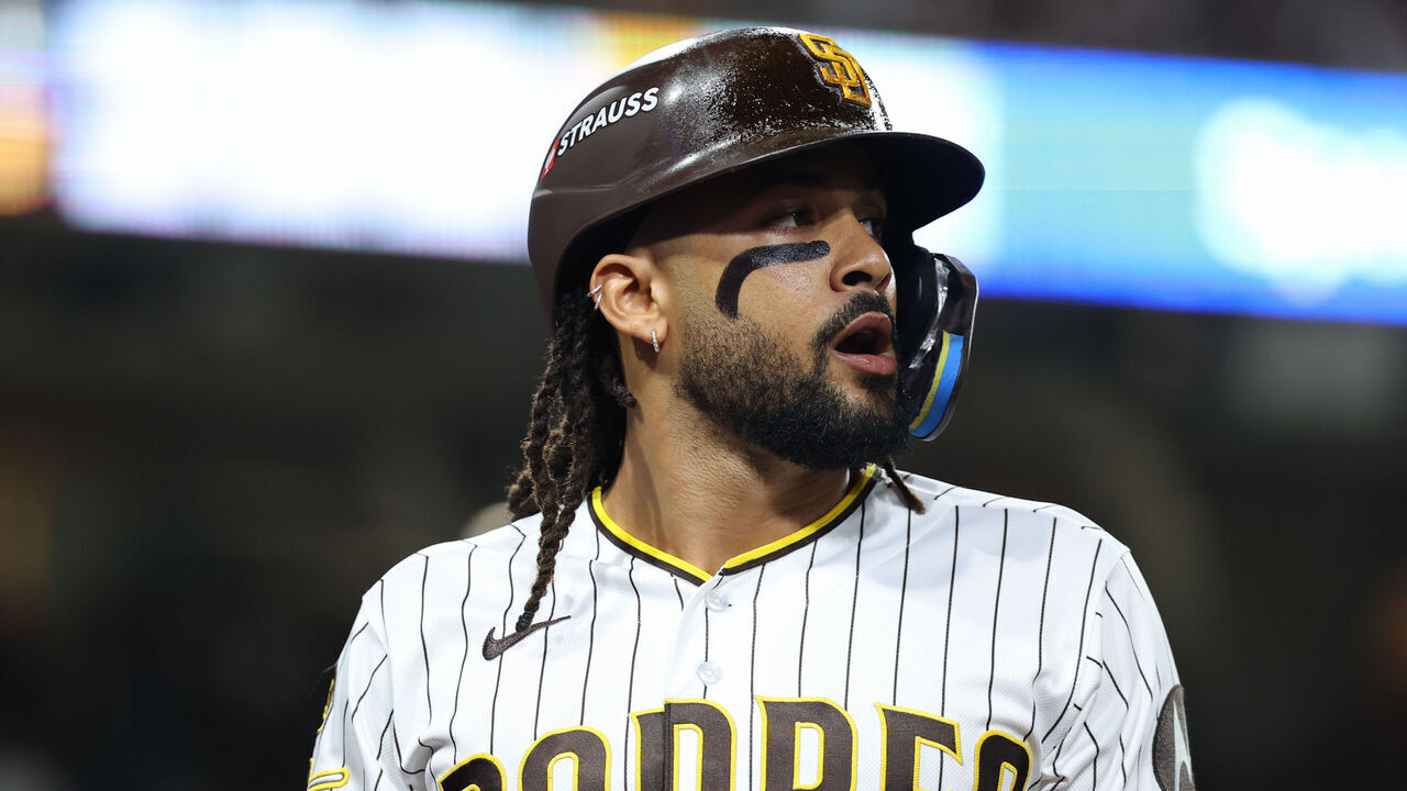 SAN DIEGO, CA - OCTOBER 07: Fernando Tatis Jr. #23 of the San Diego Padres looks on after batting in the first inning during Game Four of the National League Division Series presented by Booking.com between the Milwaukee Brewers and the San Diego Padres at Petco Park on Wednesday, October 7, 2026 in San Diego, California.