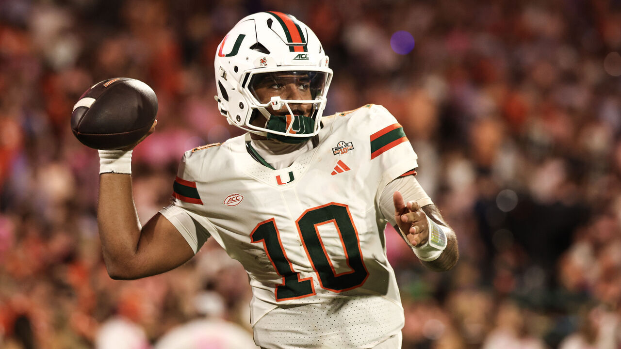 CLEMSON, SOUTH CAROLINA - OCTOBER 03: Darian Mensah #10 of the Miami Hurricanes passes the ball during the second half of a football game against the Clemson Tigers at Memorial Stadium on October 03, 2026 in Clemson, South Carolina.