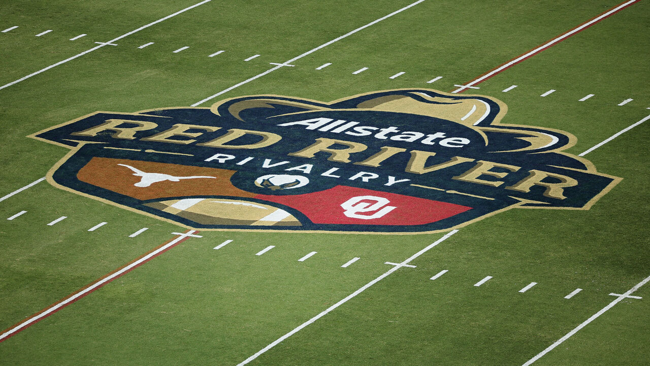 DALLAS, TEXAS - OCTOBER 12: A general view of the Red River Rivalry logo at Cotton Bowl Stadium on October 12, 2024 in Dallas, Texas.