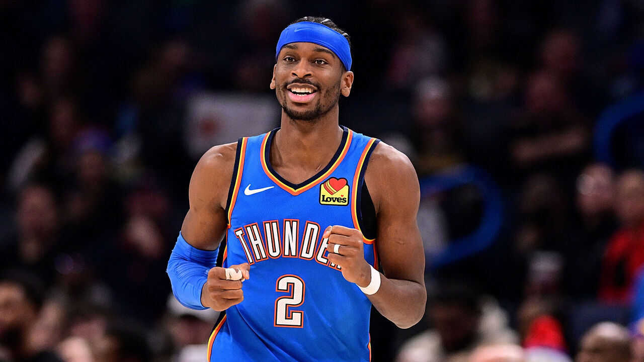 OKLAHOMA CITY, OKLAHOMA - JANUARY 27: Shai Gilgeous-Alexander #2 of the Oklahoma City Thunder celebrates during the second half against the New Orleans Pelicans at Paycom Center on January 27, 2026 in Oklahoma City, Oklahoma.