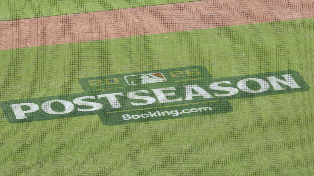 LOS ANGELES, CALIFORNIA - OCTOBER 03: A detailed view of MLB postseason signage prior to game one of the National League Division Series between the Los Angeles Dodgers and Atlanta Braves at Dodger Stadium on October 03, 2026 in Los Angeles, California.