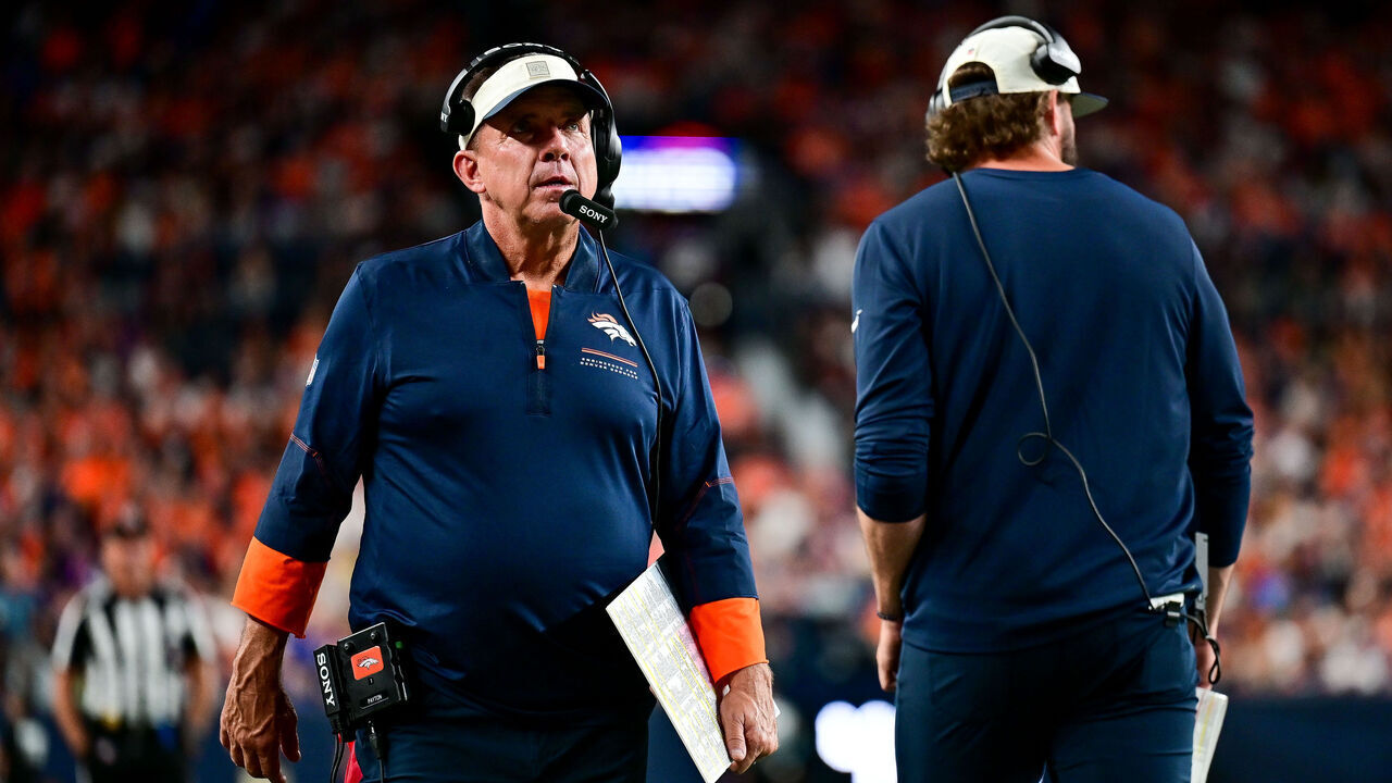 DENVER, CO - AUGUST 28: Denver Broncos head coach Sean Payton and offensive coordinator Davis Webb look on during a preseason game between the Minnesota Vikings and the Denver Broncos at Empower Field at Mile High on August 28, 2026 in Denver, Colorado.