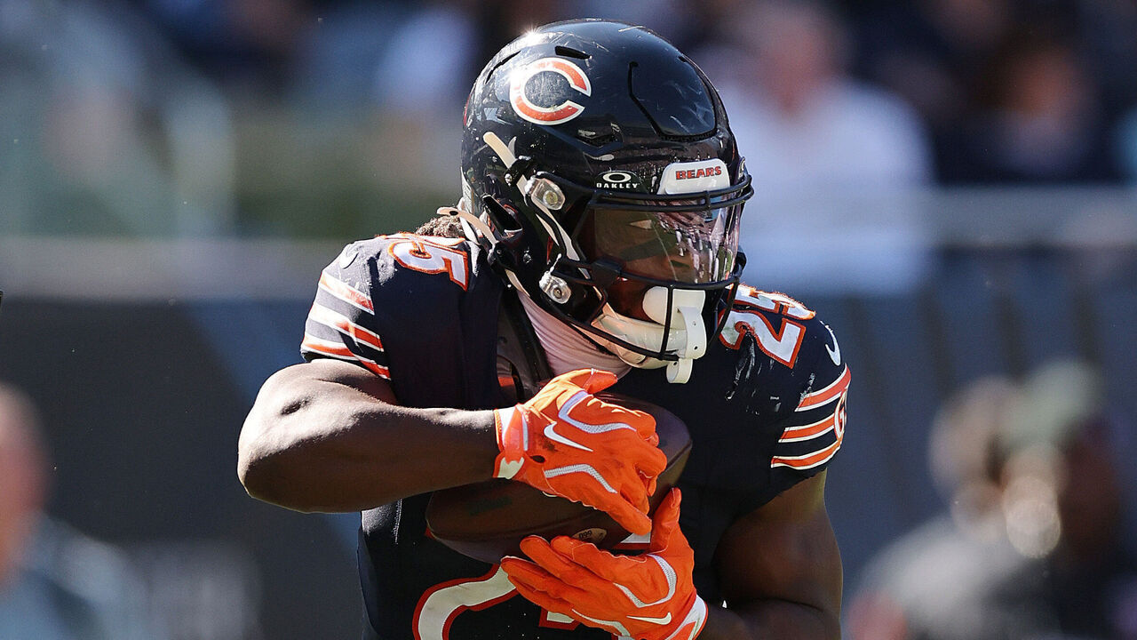 CHICAGO, ILLINOIS - OCTOBER 04: Kyle Monangai #25 of the Chicago Bears rushes for yards during the fourth quarter of the game against the New York Jets at Soldier Field on October 04, 2026 in Chicago, Illinois.