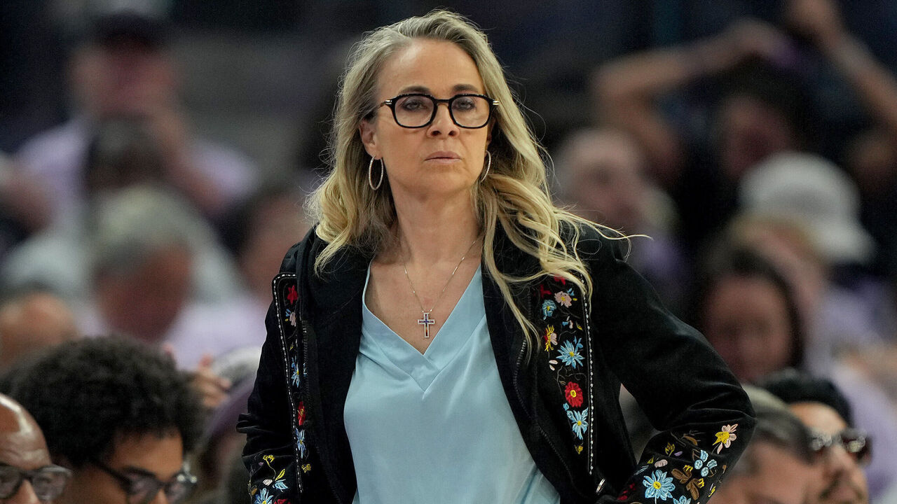 SAN FRANCISCO, CALIFORNIA - OCTOBER 07: Head coach Becky Hammon of the Las Vegas Aces looks on against the Golden State Valkyries in the second half during Game Two of the Semifinals at Chase Center on October 7, 2026 in San Francisco, California. NOTE TO USER: User expressly acknowledges and agrees that, by downloading and/or using this photograph, User is consenting to the terms and conditions of the Getty Images License Agreement.