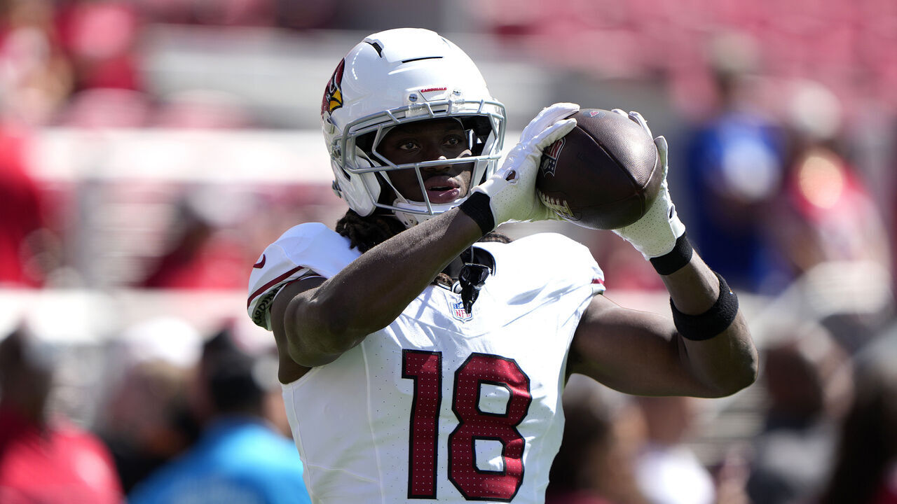 SANTA CLARA, CALIFORNIA - SEPTEMBER 27: Marvin Harrison Jr. #18 of the Arizona Cardinals warms up prior to the start of the game against the San Francisco 49ers at Levi's Stadium on September 27, 2026 in Santa Clara, California.