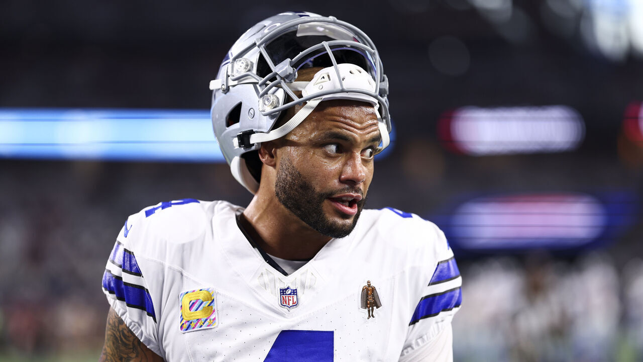 ARLINGTON, TEXAS - OCTOBER 8: Dak Prescott #4 of the Dallas Cowboys warms up prior to an NFL game against the Tampa Bay Buccaneers at AT&T Stadium on October 8, 2026 in Arlington, Texas.
