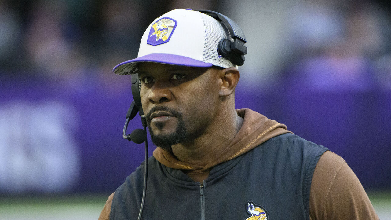 MINNEAPOLIS, MINNESOTA - NOVEMBER 12: Defensive coordinator Brian Flores of the Minnesota Vikings looks on in the third quarter of the game against the New Orleans Saints at U.S. Bank Stadium on November 12, 2023 in Minneapolis, Minnesota.