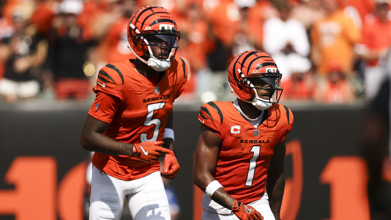 CINCINNATI, CA - SEPTEMBER 14: Ja'Marr Chase #1 of the Cincinnati Bengals celebrates after a touchdown catch by wide receiver Tee Higgins (5) during the second half of an NFL game against the Jacksonville Jaguars at Paycor Stadium on September 14, 2025 in Cincinnati, Ohio.