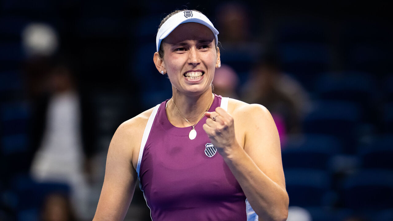 BEIJING, CHINA - OCTOBER 09: Elise Mertens of Belgium reacts to defeating Iga Swiatek of Poland in the quarter-final on Day 10 of the China Open at National Tennis Center on October 09, 2026 in Beijing, China