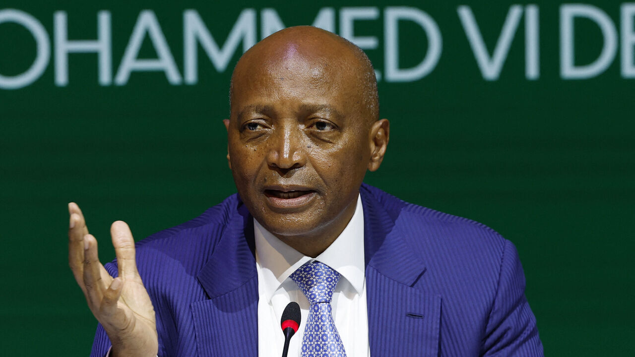 Confederation of African Football (CAF) President Patrice Motsepe speaks during a press conference at the Mohammed VI Football Complex in Sale on April 9, 2026, nearly a month after Senegal was stripped of its Africa Cup of Nations title in favour of host nation Morocco. Motsepe had announced at the end of March that he would visit Senegal and Morocco to stress the importance of "working together to develop African football", after his organisation faced mounting criticism.