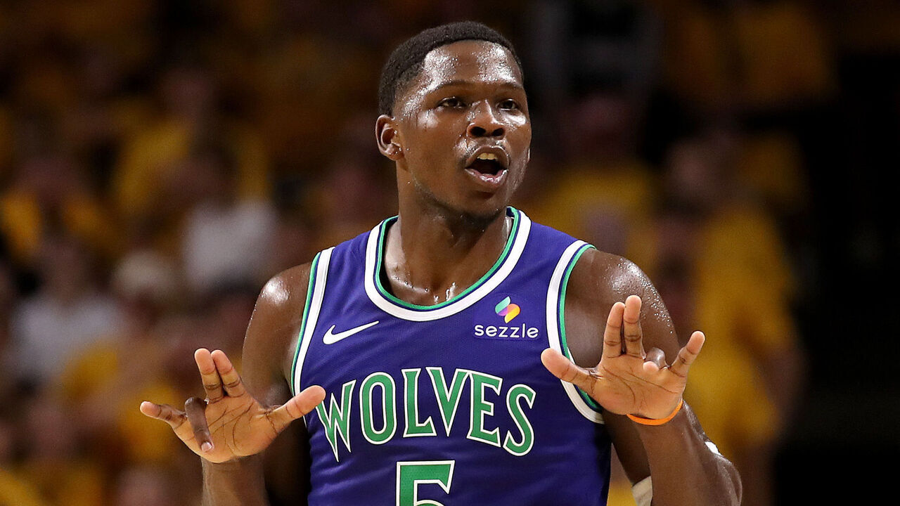 AMES, IOWA - OCTOBER 07: Anthony Edwards #5 of the Minnesota Timberwolves reacts during the first half against the Indiana Pacers at Hilton Coliseum during a preseason game on October 07, 2026 in Ames, Iowa. NOTE TO USER: User expressly acknowledges and agrees that, by downloading and or using this photograph, User is consenting to terms and conditions of the Getty Images License Agreement.